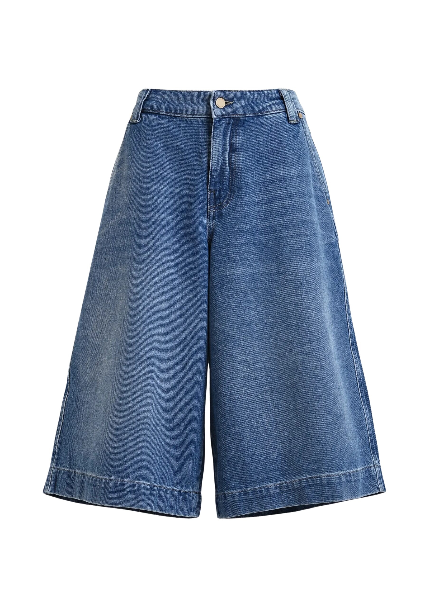 Blue cotton denim shorts with yellow Woodstock embroidery