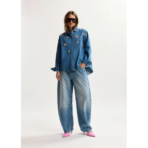 Essentiel Antwerp Blue denim shirt with floral rhinestone embellishments, view 4