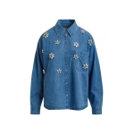 Blue denim shirt with floral rhinestone embellishments