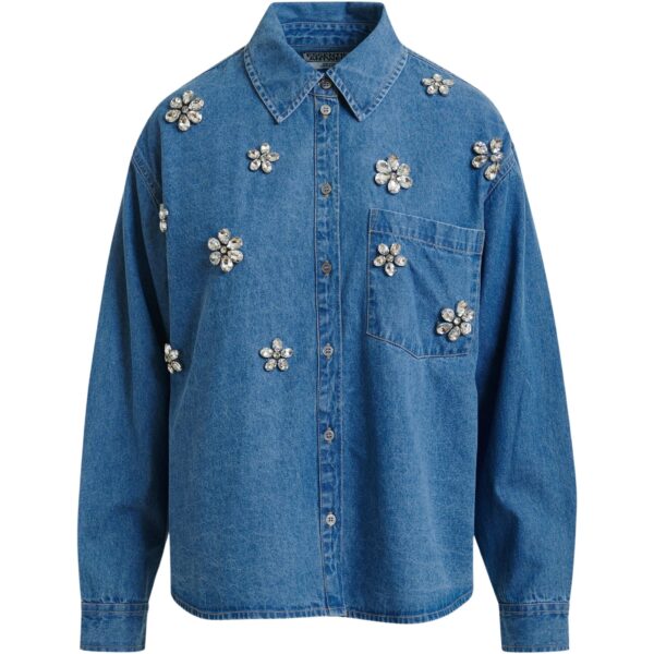 Blue denim shirt with floral rhinestone embellishments