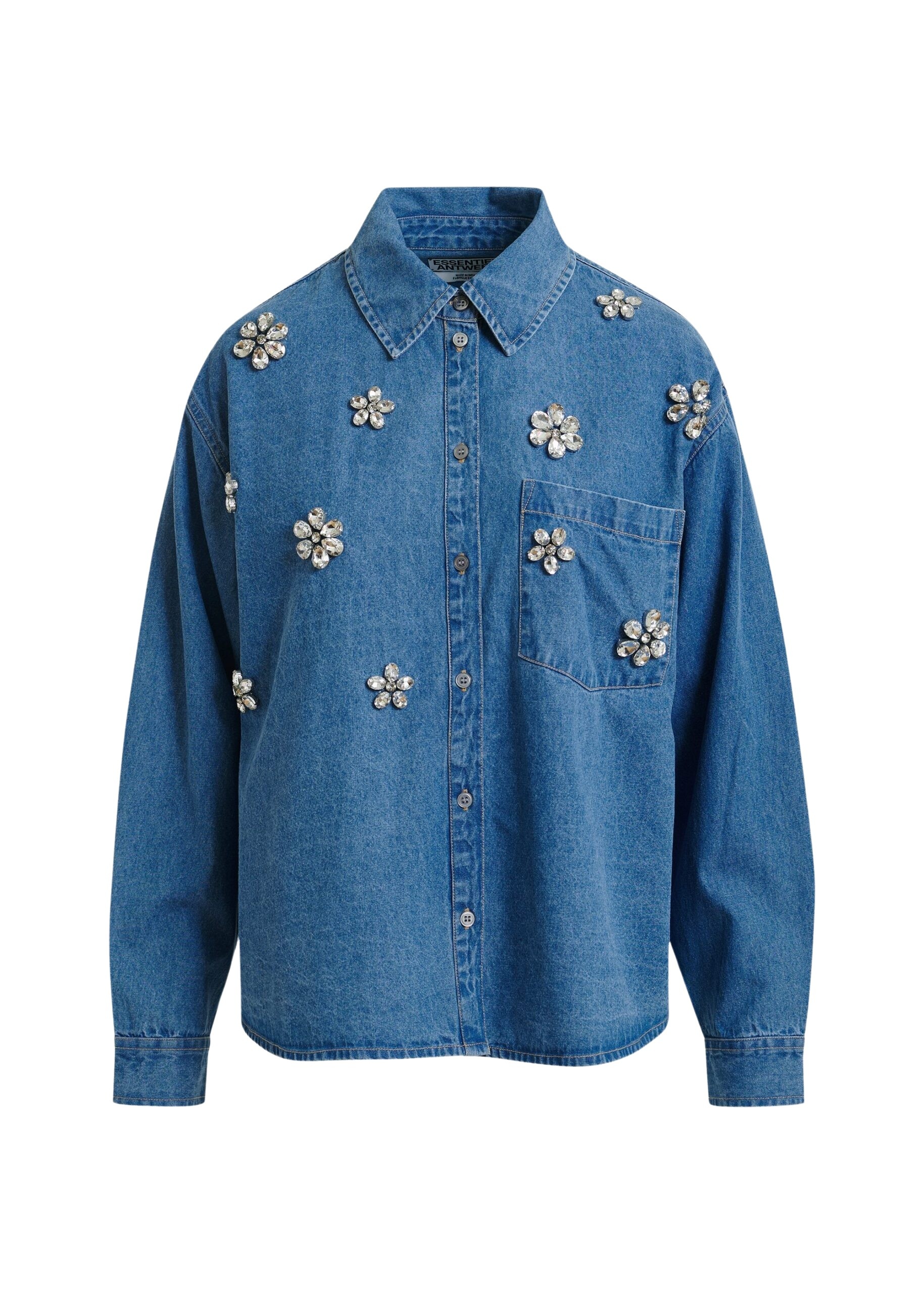 Essentiel Antwerp Blue denim shirt with floral rhinestone embellishments