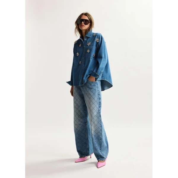 Essentiel Antwerp Blue diamond-stitched cotton barrel-leg jeans, view 3