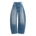 Blue diamond-stitched cotton barrel-leg jeans