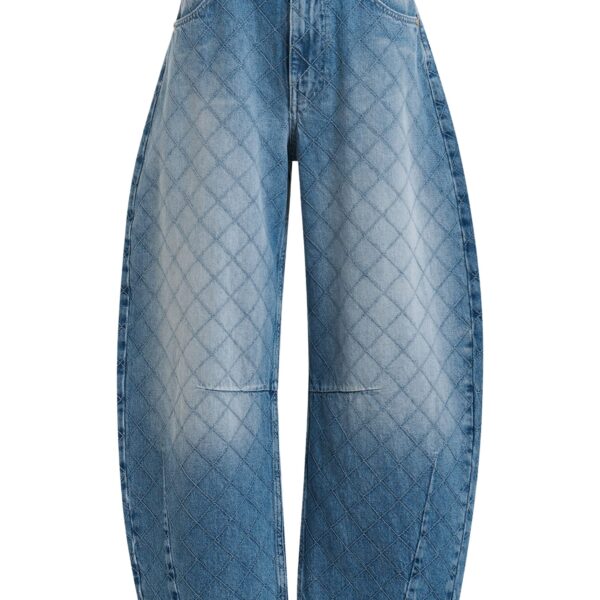 Blue diamond-stitched cotton barrel-leg jeans