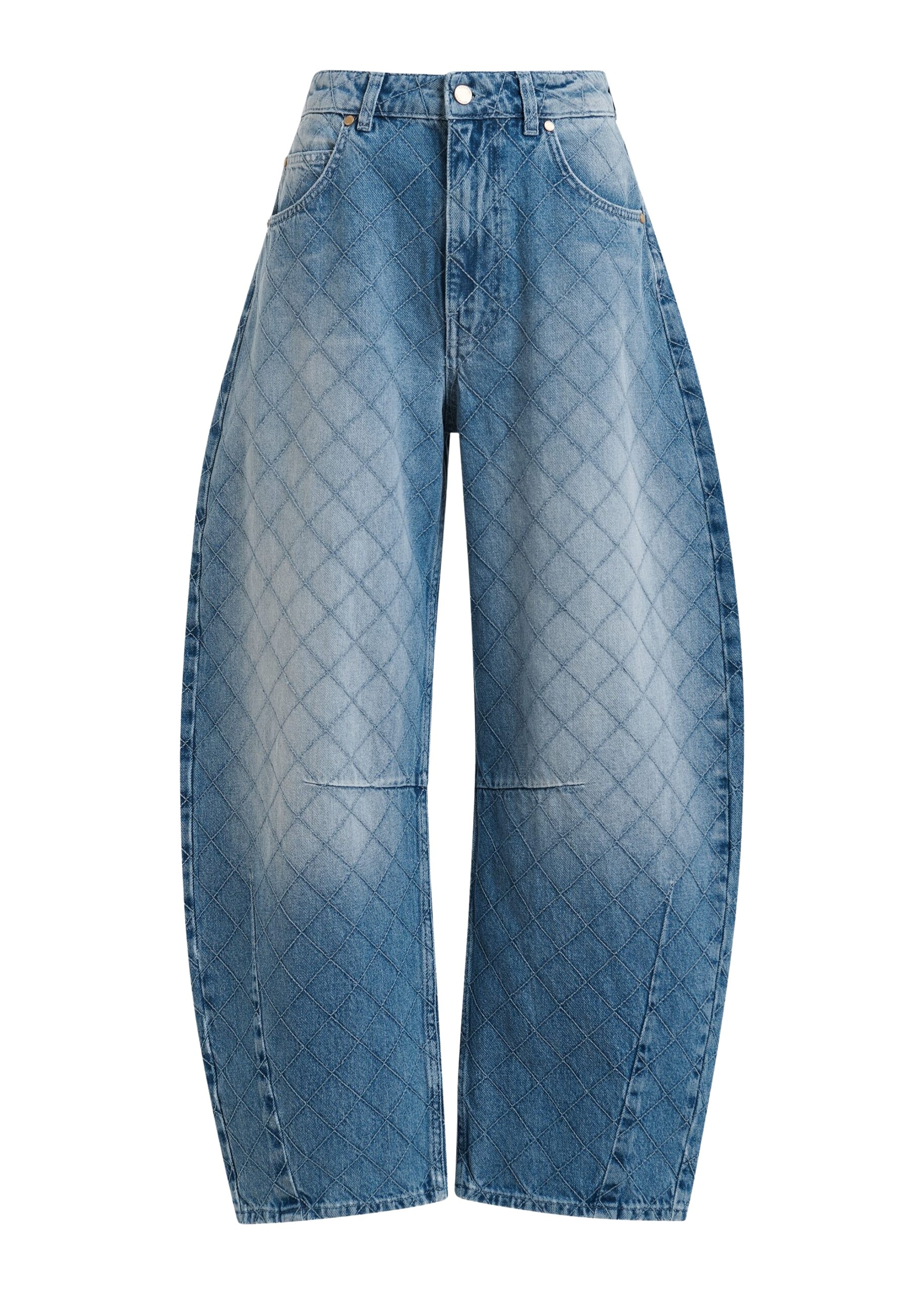 Blue diamond-stitched cotton barrel-leg jeans