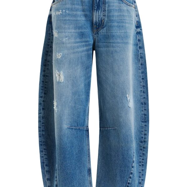 Blue distressed organic cotton cropped barrel-leg jeans
