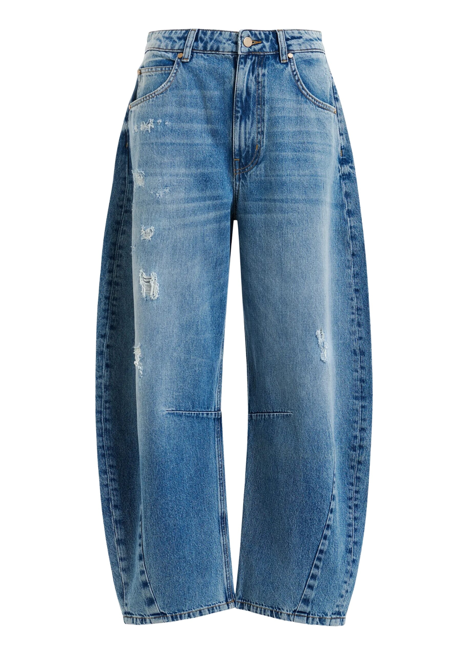 Blue distressed organic cotton cropped barrel-leg jeans