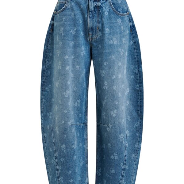 Blue floral-print barrel-leg cropped jeans
