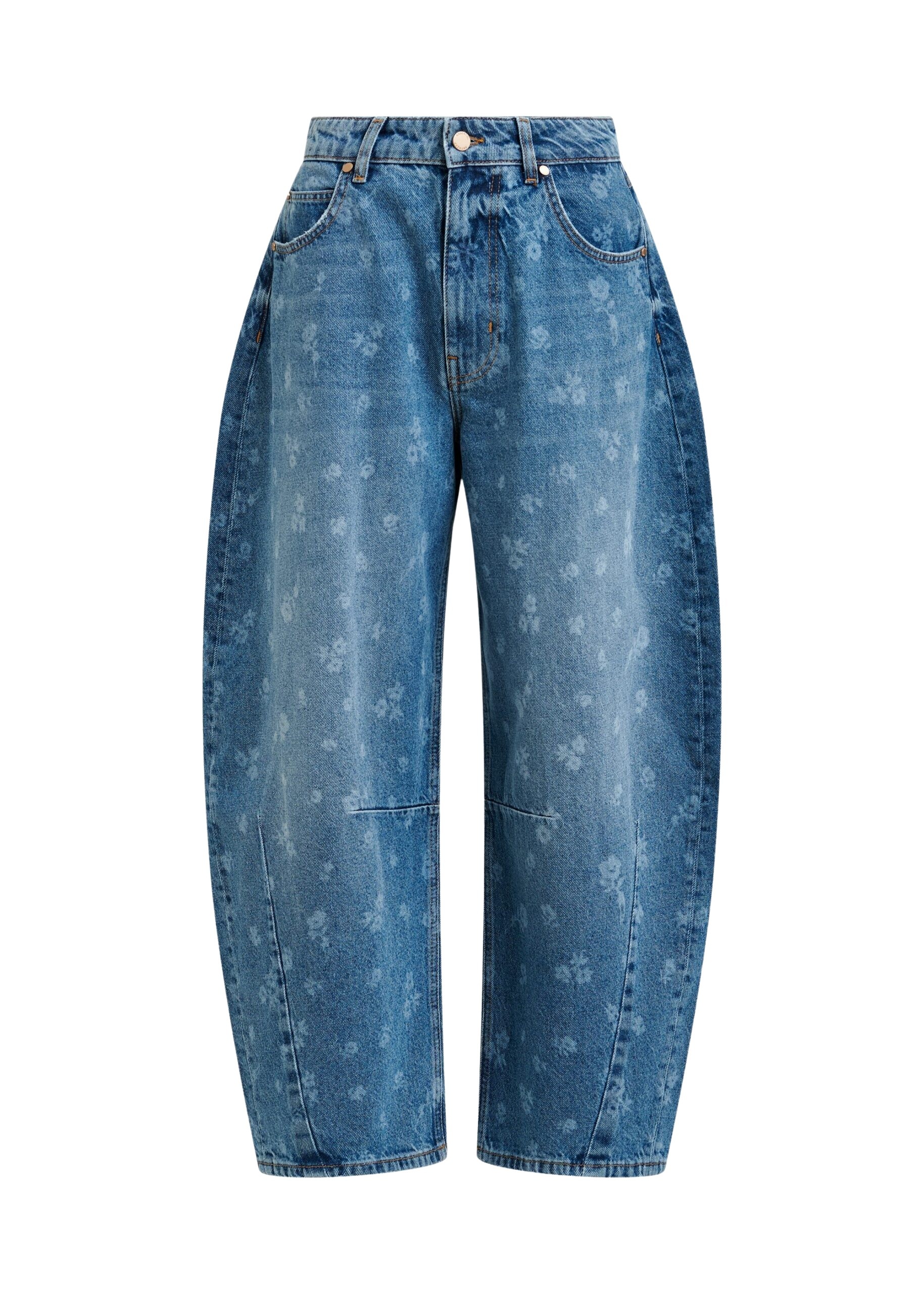 Blue floral-print barrel-leg cropped jeans
