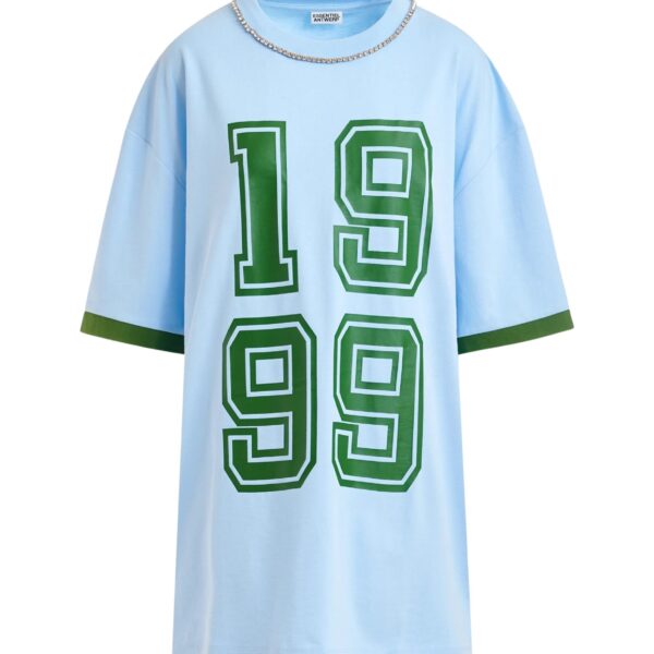 Blue oversized cotton T-shirt with rhinestone embellished neckline and green numeric print