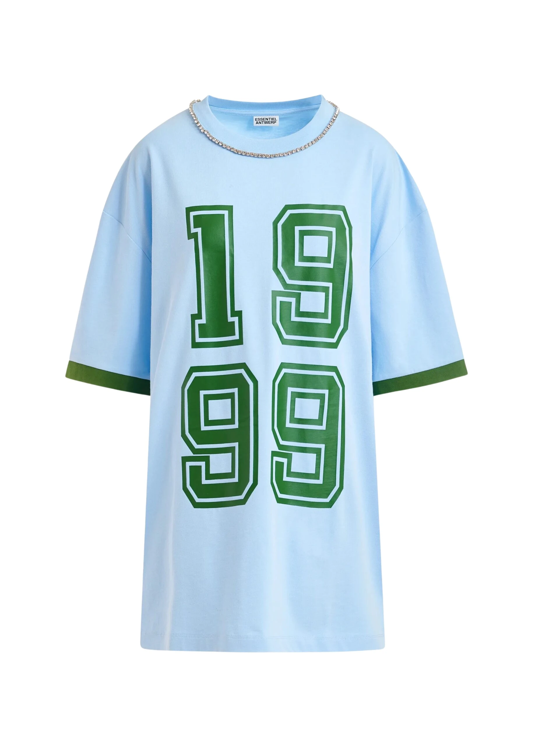 Blue oversized cotton T-shirt with rhinestone embellished neckline and green numeric print