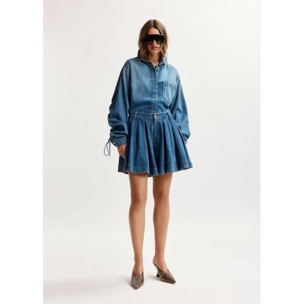 Essentiel Antwerp Blue oversized denim shirt with sleeve drawstrings, view 4