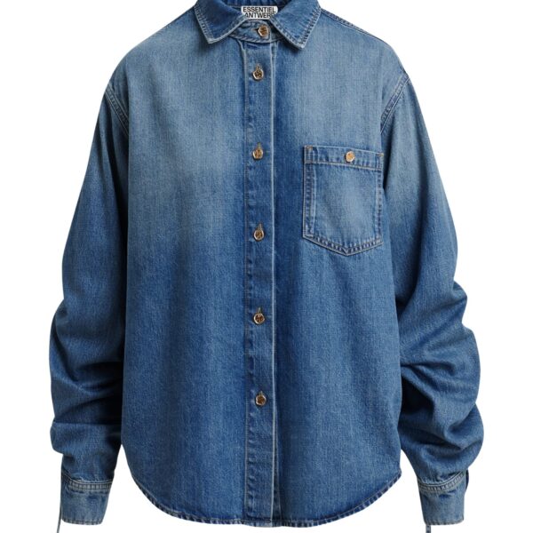 Blue oversized denim shirt with sleeve drawstrings