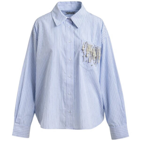 Blue oversized striped embellished cotton shirt