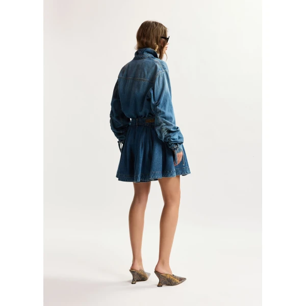 Essentiel Antwerp Blue pleated denim shorts in organic cotton, view 5