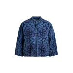 Blue quilted embroidered cropped denim jacket