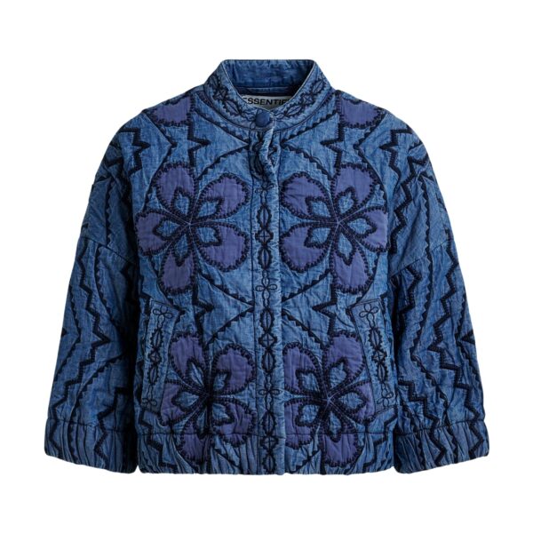 Blue quilted embroidered cropped denim jacket