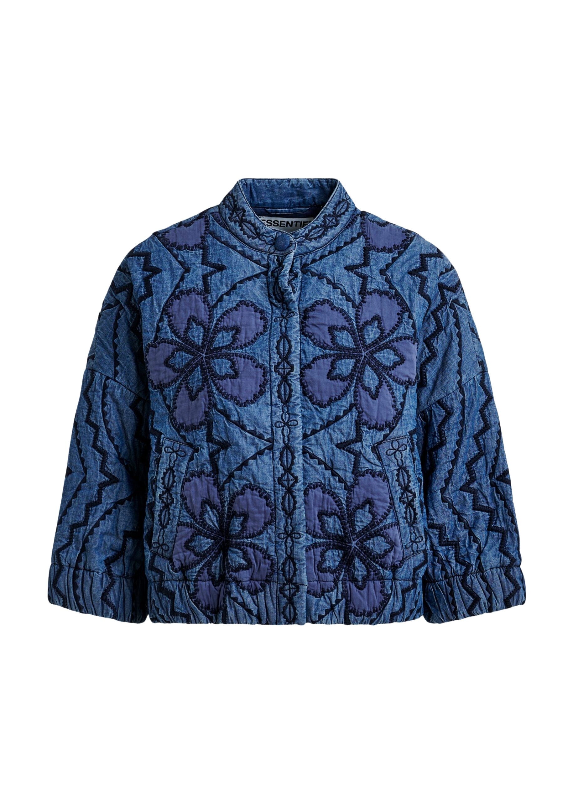Blue quilted embroidered cropped denim jacket