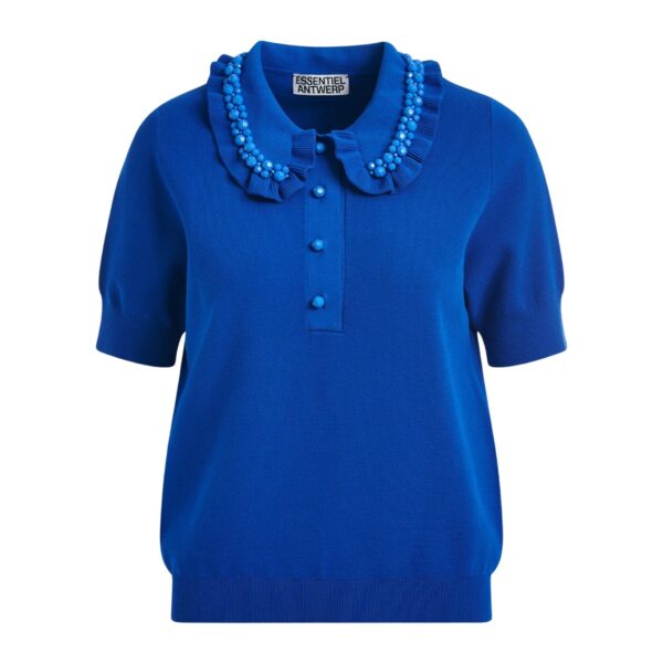 Blue ruffle fine-knit polo top with bead embellishments