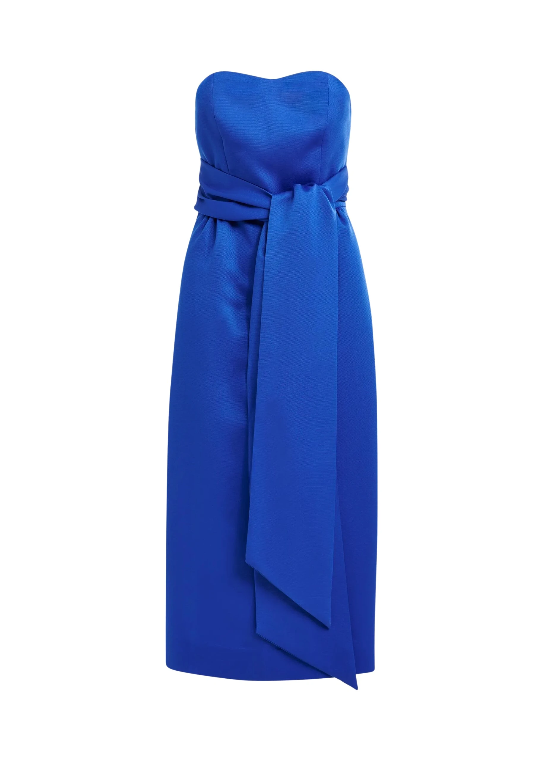 Blue strapless midi dress with wrap-belt