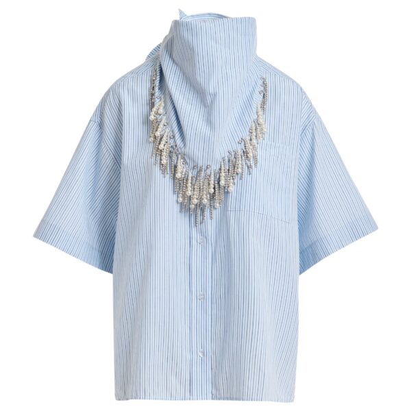 Blue striped cotton shirt with embroidered detail and separate scarf