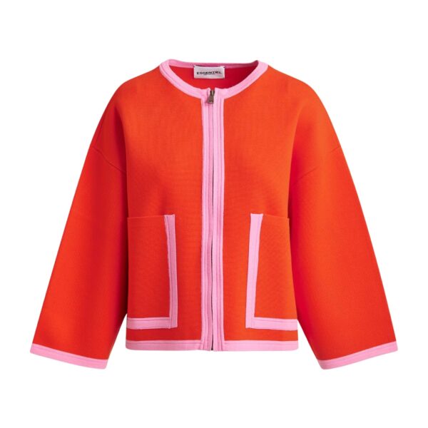 Bright orange and pink cardigan with contrasting trims and zip fastening