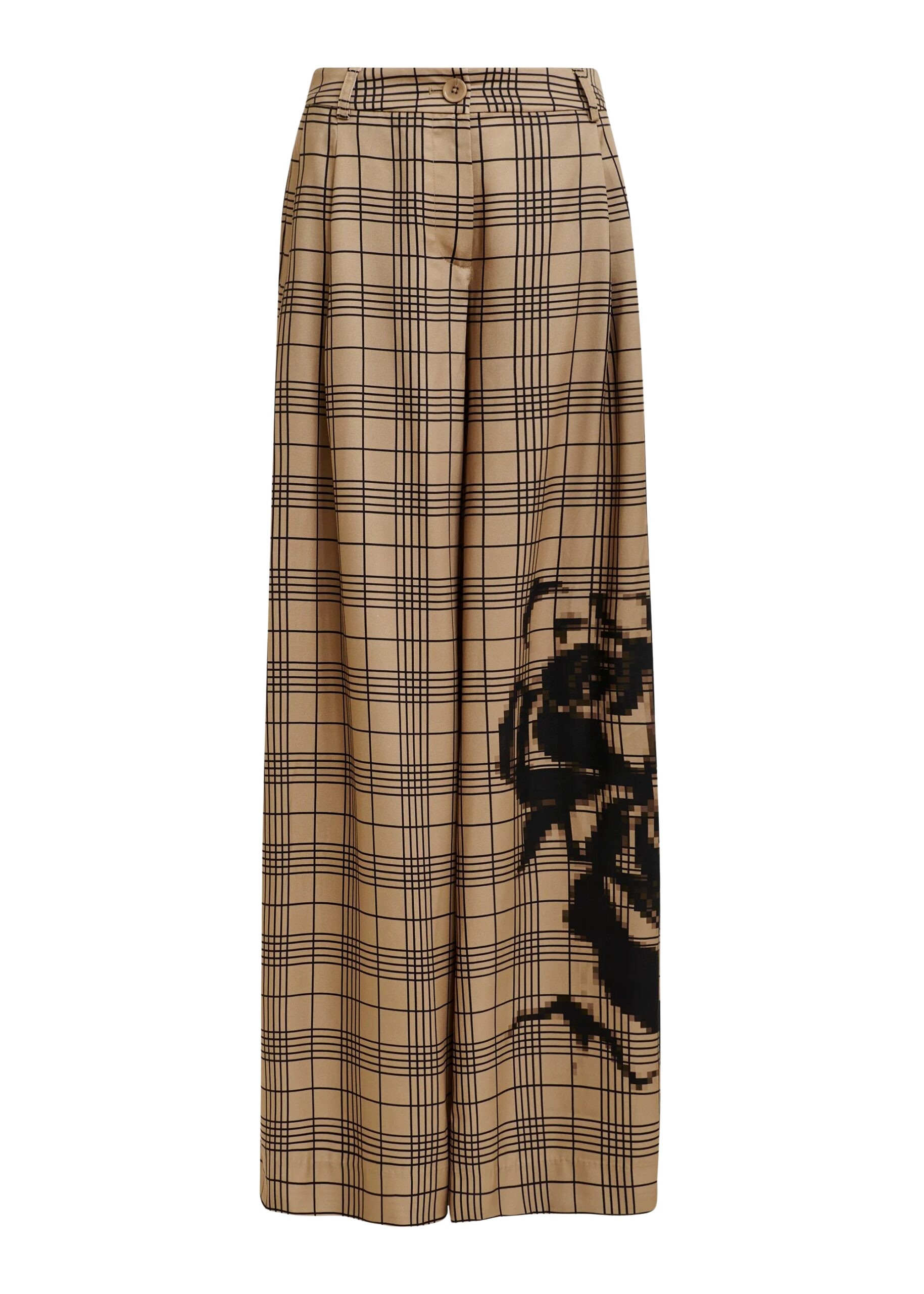 Brown and black checked wide-leg pants with placed print