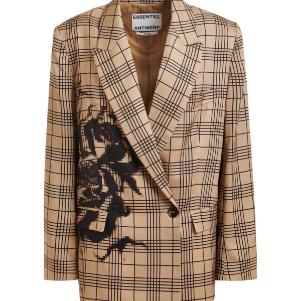 Brown and black double-breasted blazer with placed pixel print