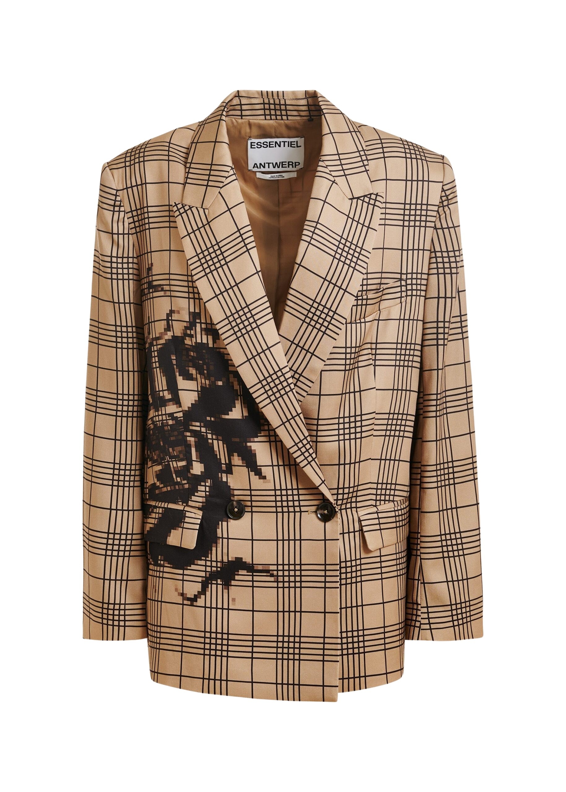 Brown and black double-breasted blazer with placed pixel print