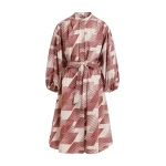 Brown and cream knee-length dress with mandarin collar