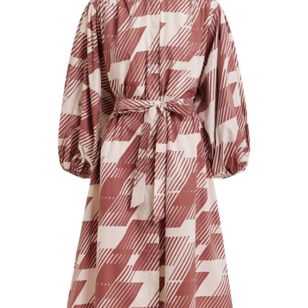 Brown and cream knee-length dress with mandarin collar