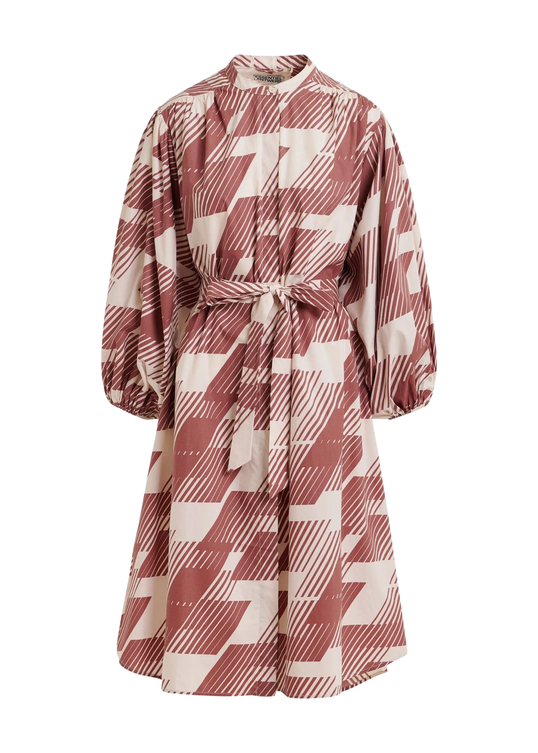 Essentiel-Antwerp-Brown-and-cream-knee-length-dress-with-mandarin-collar-scaled59473_nobg Brown and cream knee-length dress with mandarin collar