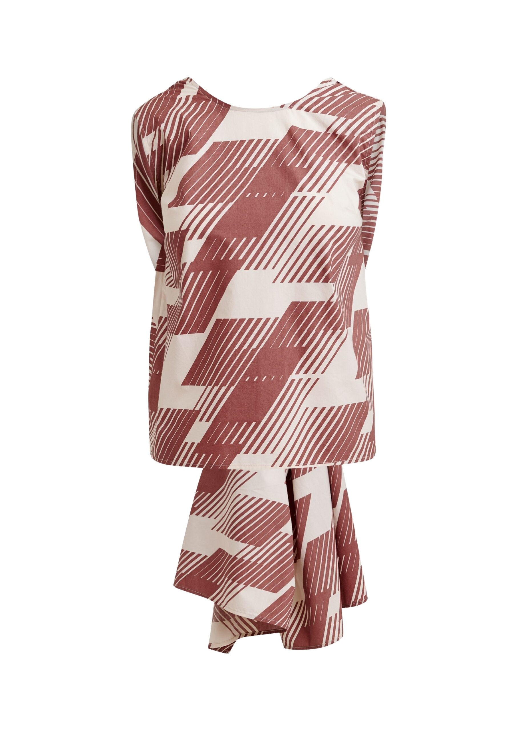 Brown and off-white cotton wrap tie top with low back