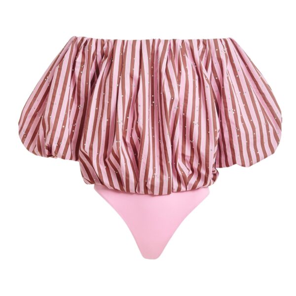 Brown and pink gathered bodysuit with puffed sleeves