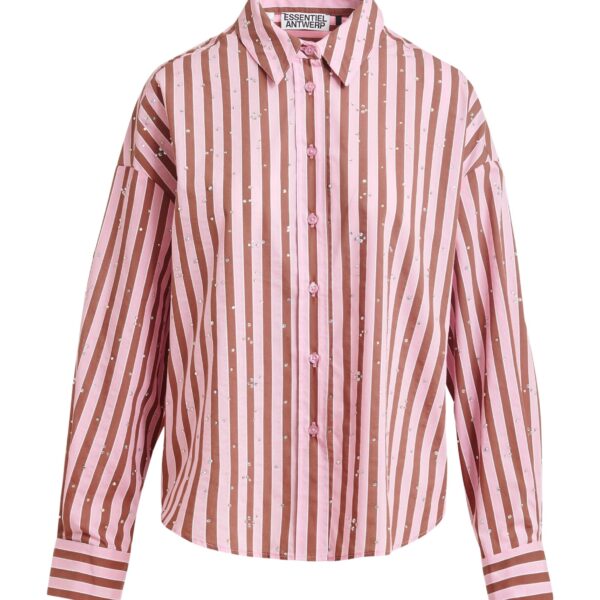 Brown and pink striped cotton-blend shirt with rhinestone embellishments