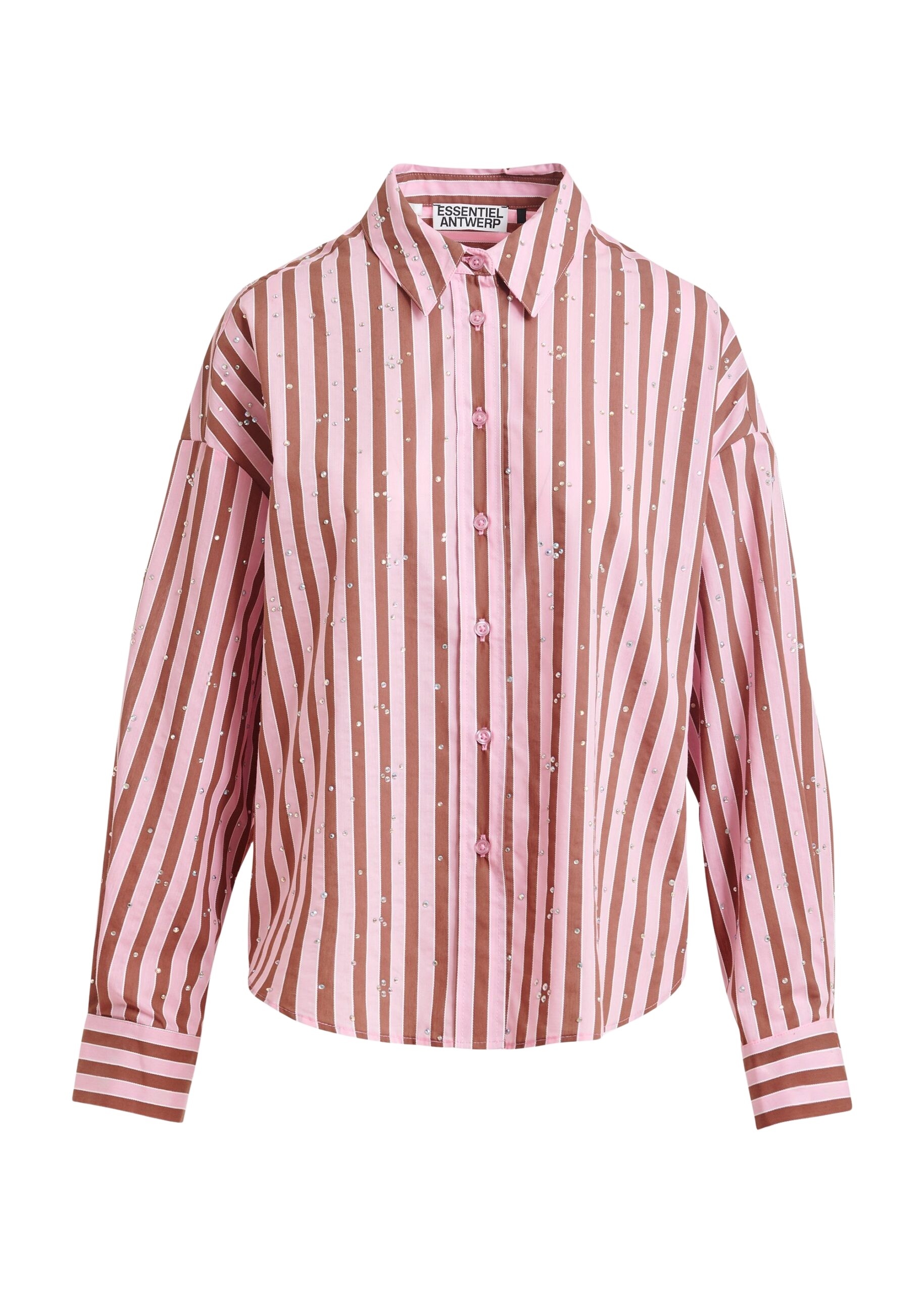 Brown and pink striped cotton-blend shirt with rhinestone embellishments