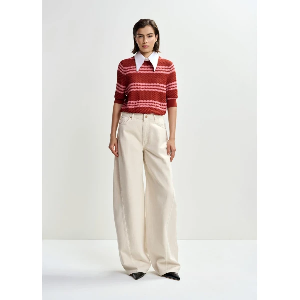 Essentiel Antwerp Brown and pink striped honeycomb knit polo with rhinestone-embellished detachable collar, view 6