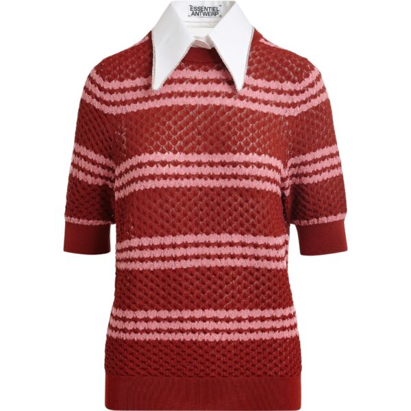 Brown and pink striped honeycomb knit polo with rhinestone-embellished detachable collar