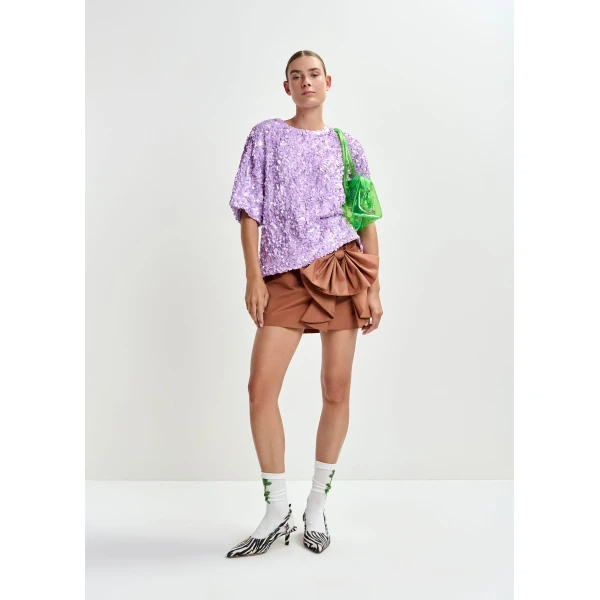 Essentiel Antwerp Brown cotton-blend mini skirt with appliquéd bow, view 3