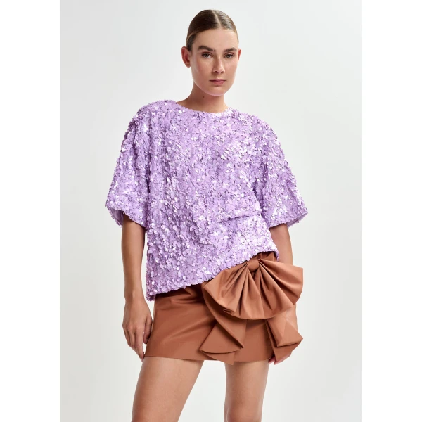 Essentiel Antwerp Brown cotton-blend mini skirt with appliquéd bow, view 4