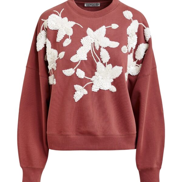 Brown cotton sweatshirt with off-white floral sequin and bead-embellished embroidery