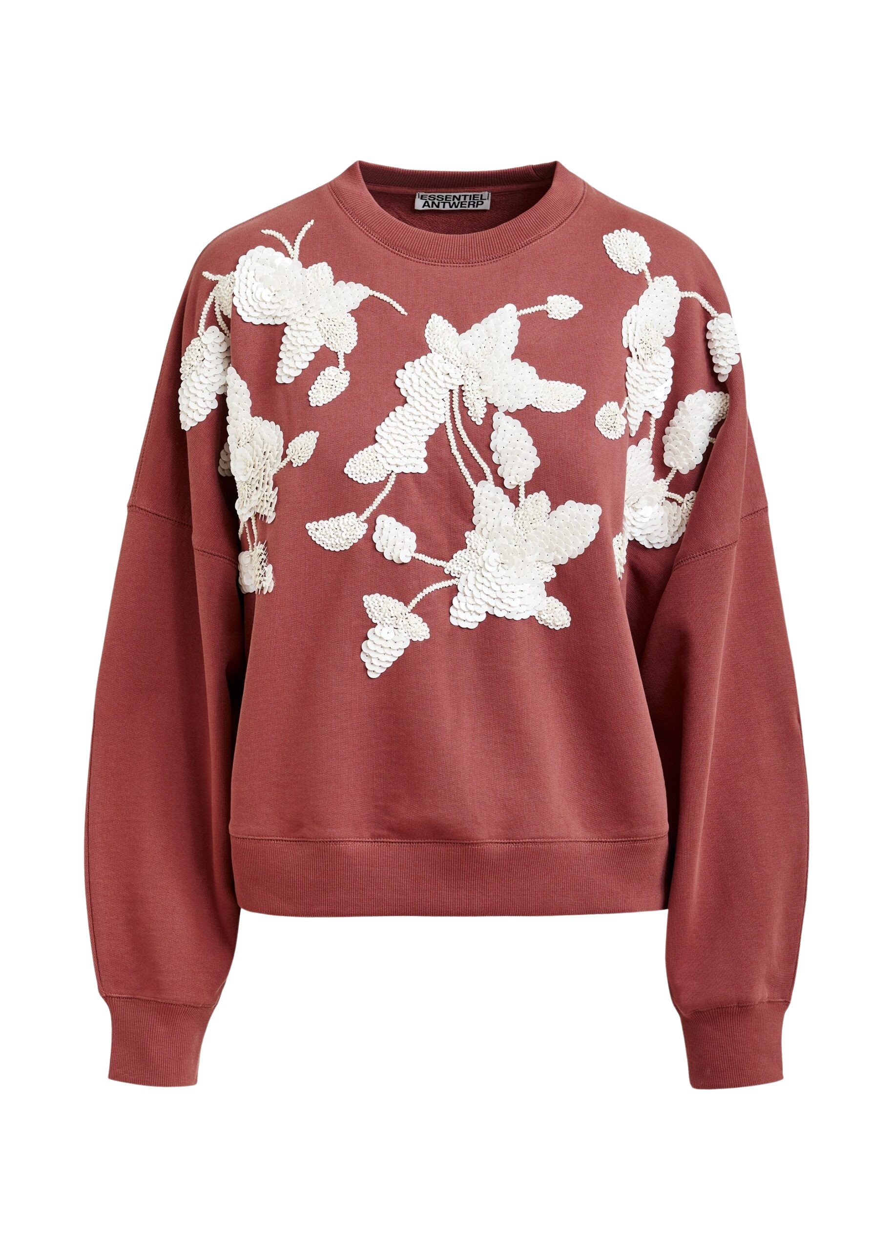 Brown cotton sweatshirt with off-white floral sequin and bead-embellished embroidery