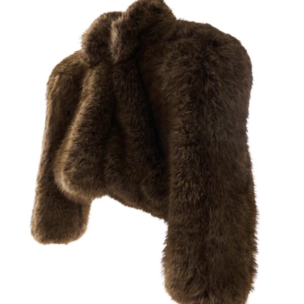 Brown cropped faux-fur jacket with sculpted raglan sleeves