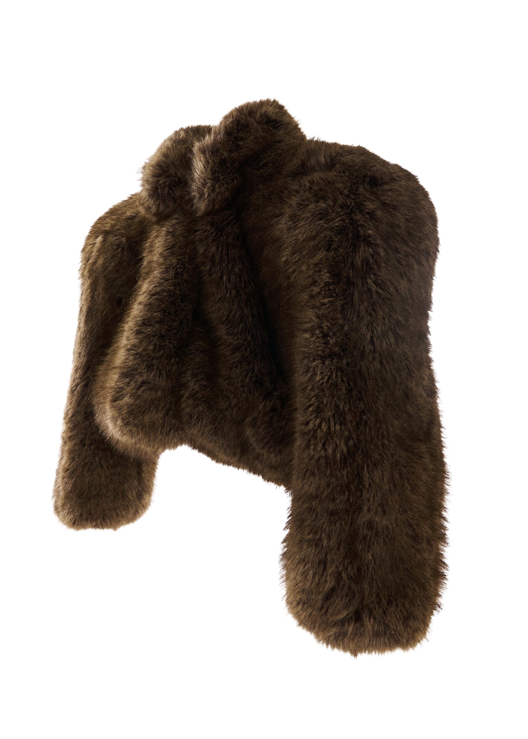 Brown cropped faux-fur jacket with sculpted raglan sleeves