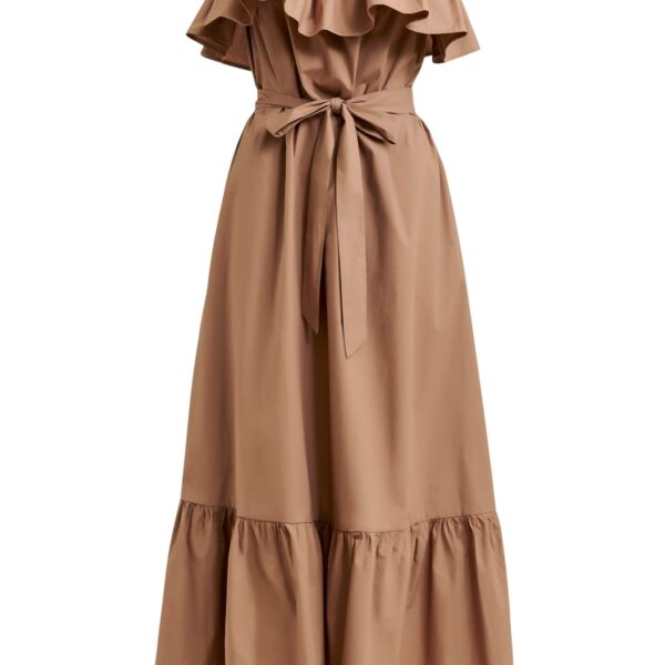 Brown strapless cotton maxi dress with ruffles