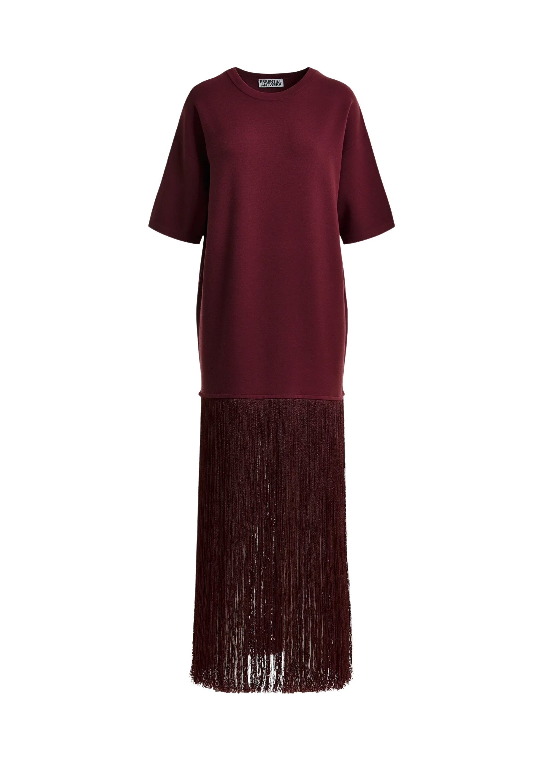 Burgundy mini dress with fringed hemline