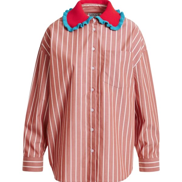 Burned orange and off-white striped cotton shirt with crochet ruffled collar