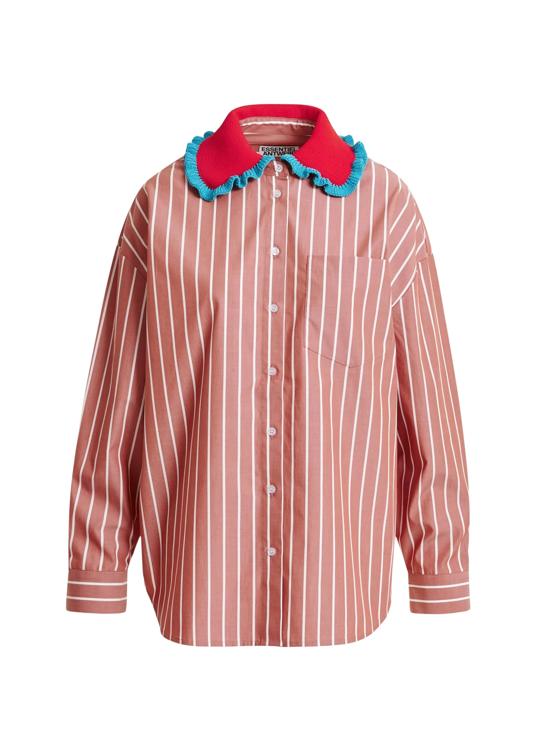 Burned orange and off-white striped cotton shirt with crochet ruffled collar