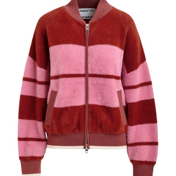 Burned orange and pink striped knitted bomber jacket