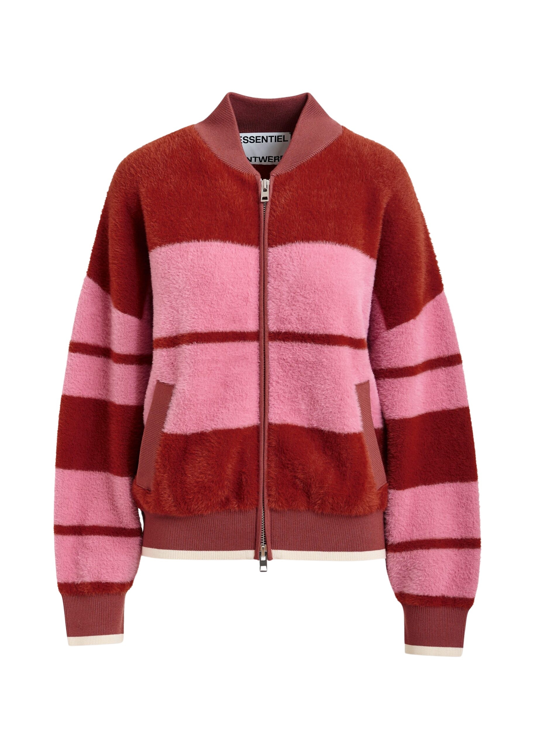Burned orange and pink striped knitted bomber jacket